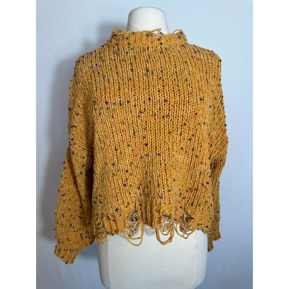 POL Stunning Yellow Distressed Mockneck Cropped Sweater Size Small - Picture 3 of 8